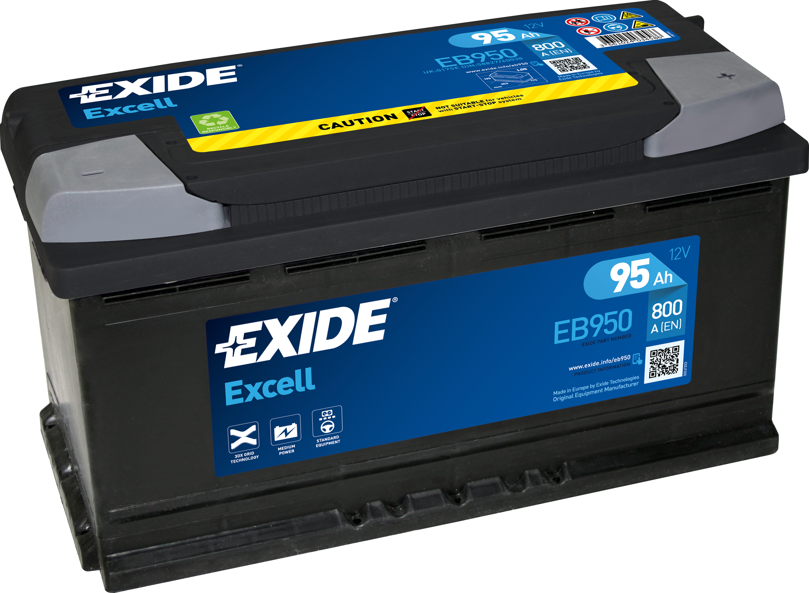 Exide Excell EB950 95 Ah - Bilbatteri / Startbatteri - Volvo - Audi - VW - Mercedes - BMW - Fiat - Saab - Renault