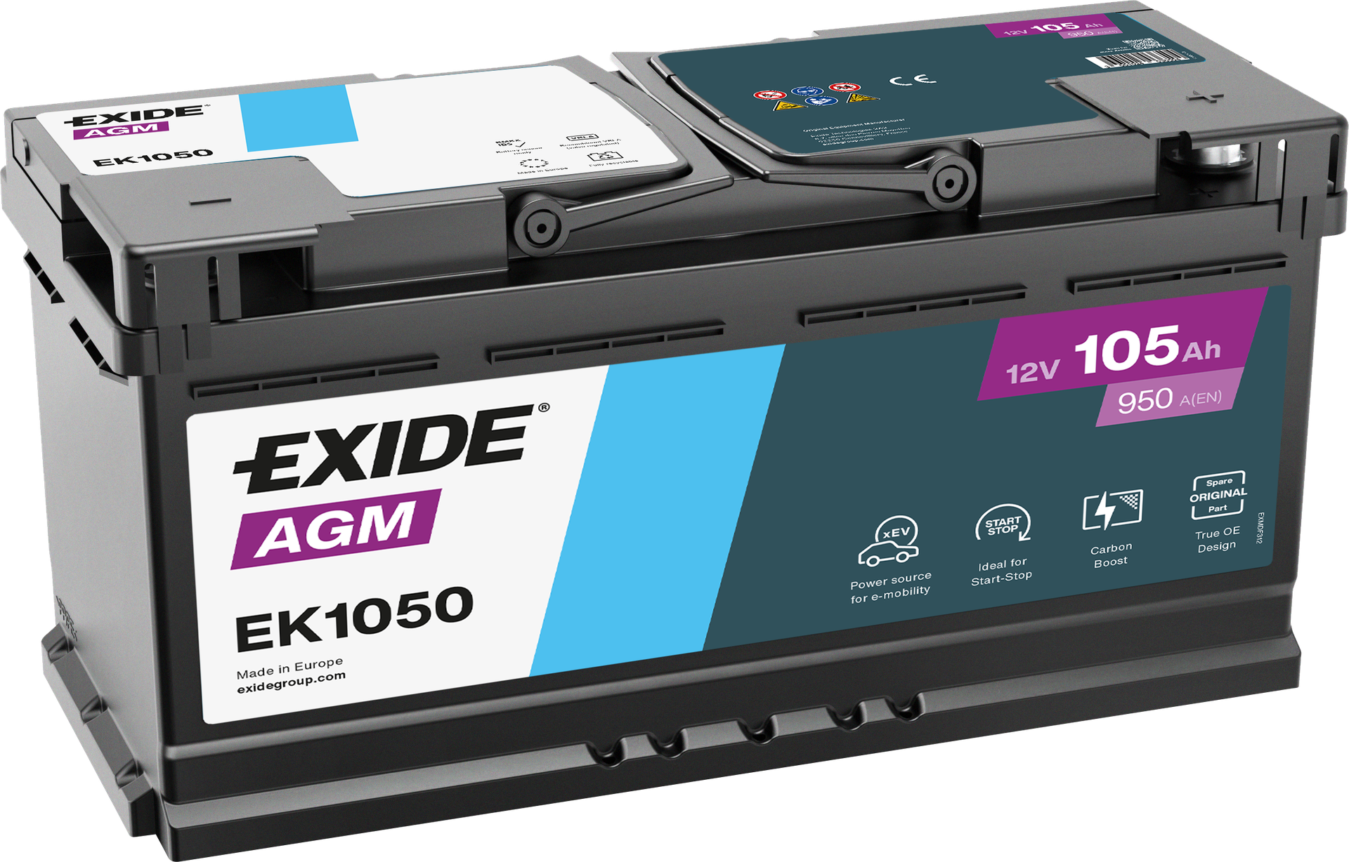 Exide AGM EK1050 Start-Stop 105 Ah - Bilbatteri | Startbatteri - Audi - BMW - Fiat - Iveco - Porsche - Peugeot - Citroen - VW