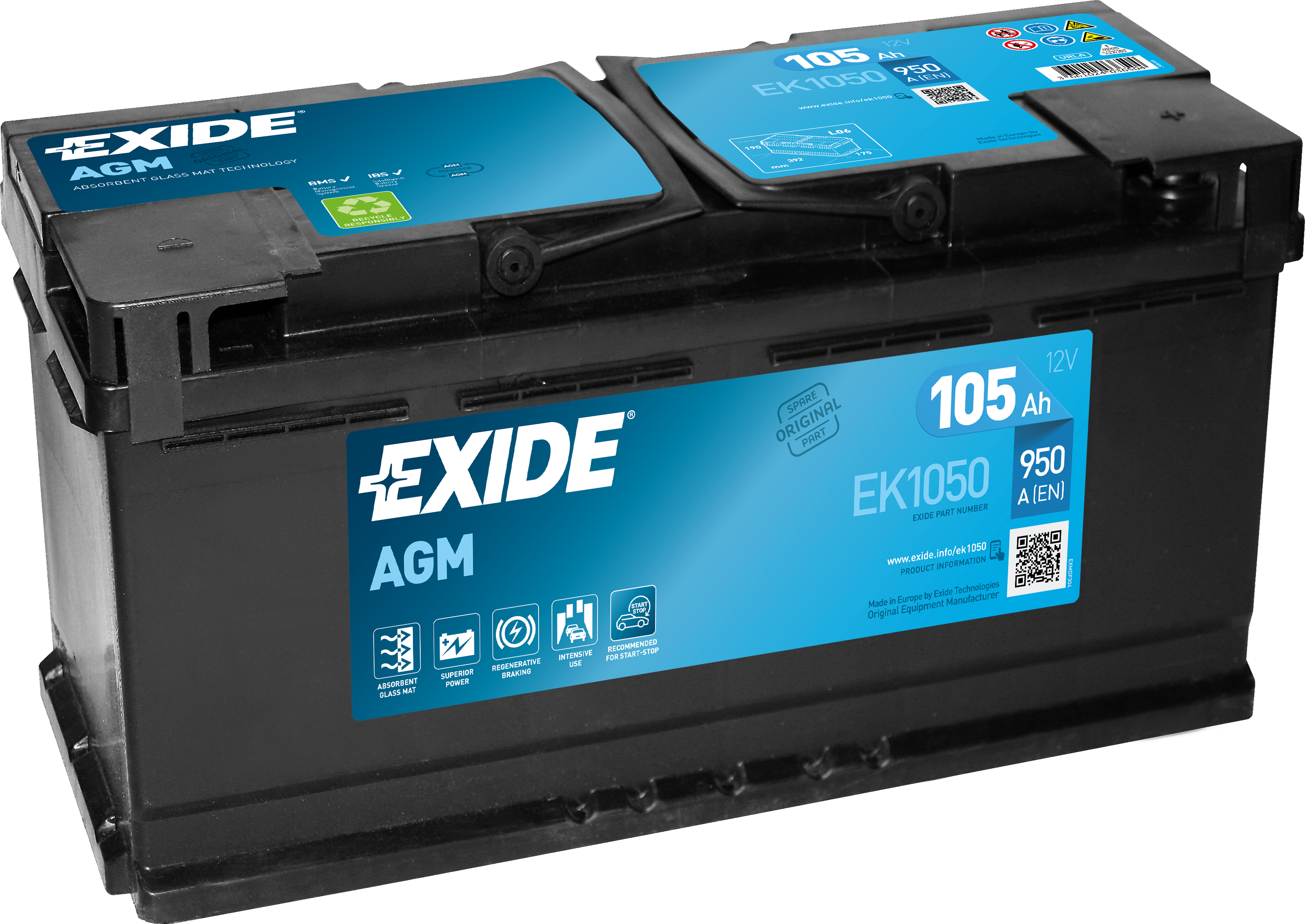 Exide AGM EK1050 Start-Stop 105 Ah - Bilbatteri / Startbatteri - Audi - BMW - Fiat - Iveco - Porsche - Peugeot - Citroen - VW