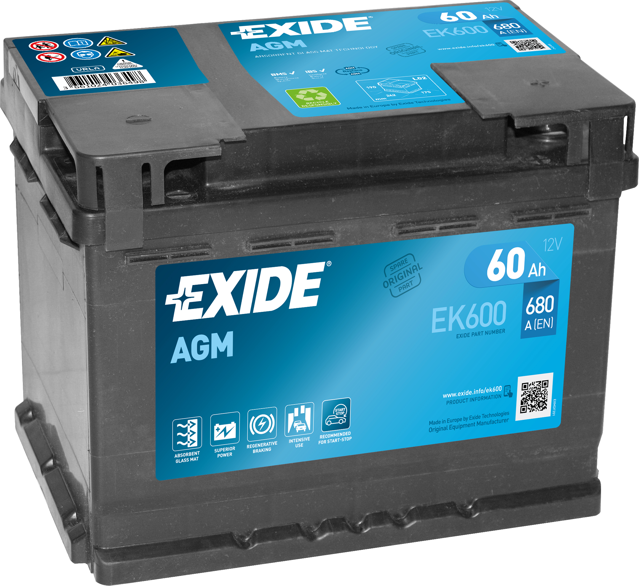 Exide AGM EK600 Start-Stop 60 Ah - Bilbatteri / Startbatteri - VW - Toyota - Skoda - Volvo - Audi - Mercedes - Renault - Kia
