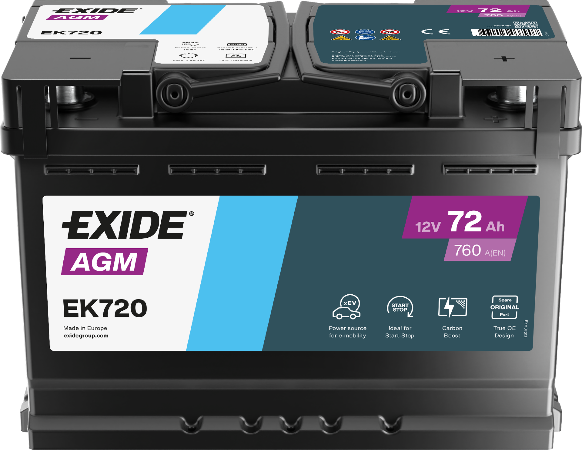 Exide AGM EK720 Start-Stop 72 Ah - Bilbatteri | Startbatteri - Volvo - VW - Mercedes - Audi - Renault - Skoda - BMW - Peugeot