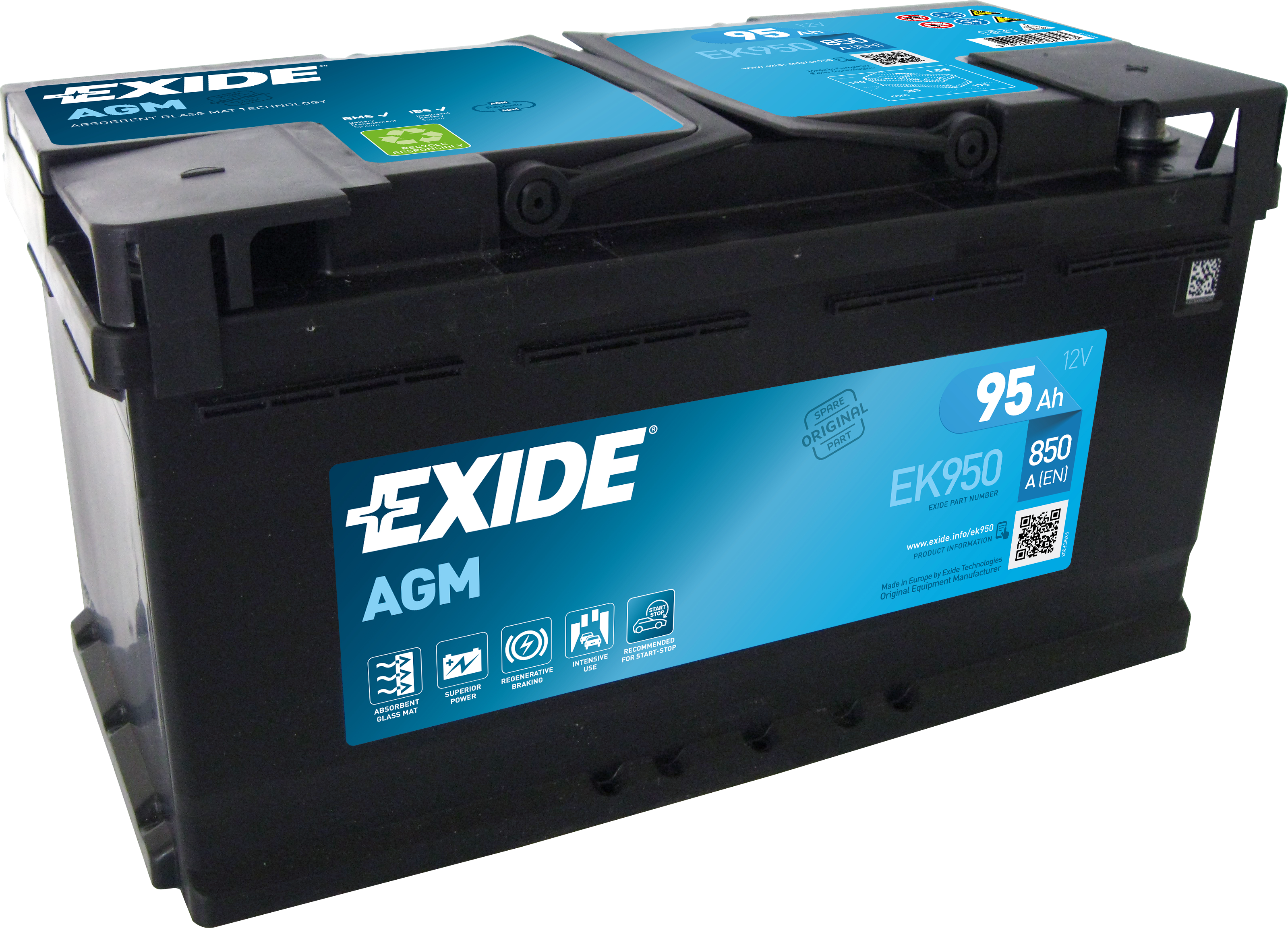 Exide AGM EK950 Start-Stop 95 Ah - Bilbatteri | Startbatteri - Volvo - VW - Mercedes - BMW - Audi - Fiat - Renault - Porsche