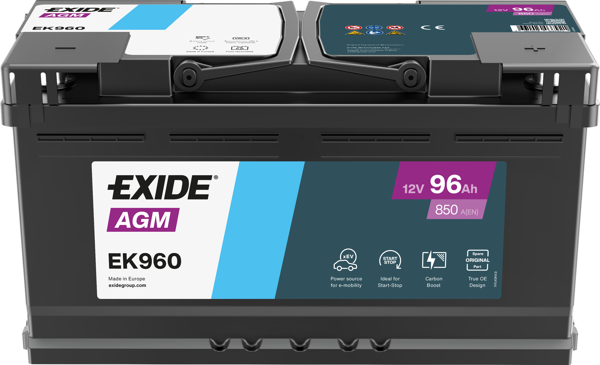 Exide AGM EK960 Start-Stop 96 Ah - Bilbatteri | Startbatteri - Volvo - VW - BMW - Mercedes - Audi - Fiat - Ford - Renault