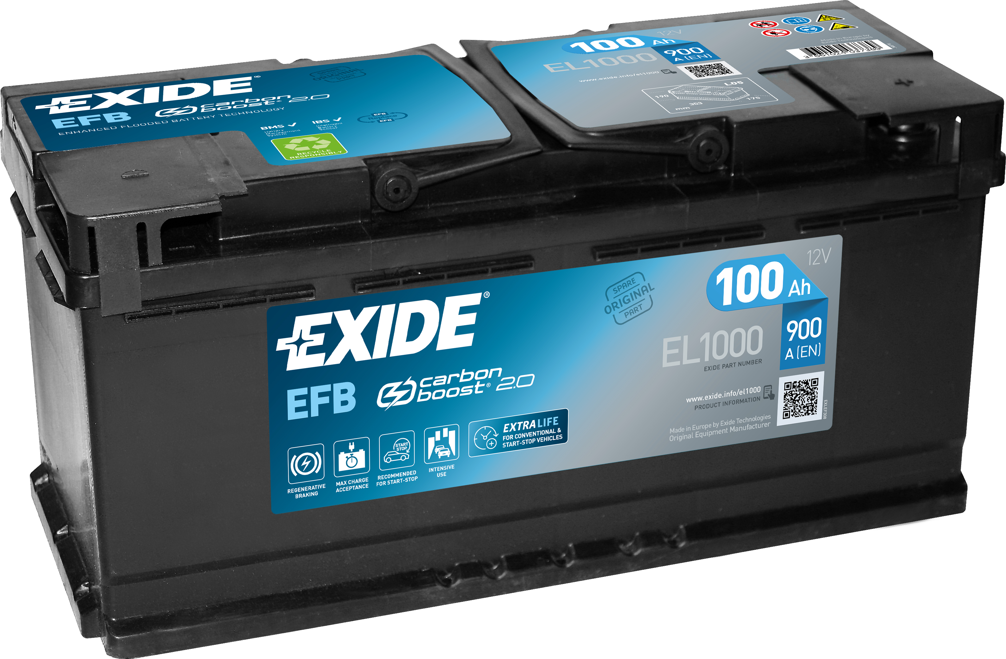Exide EFB EL1000 Start-Stop 100 Ah - Bilbatteri / Startbatteri - Audi - A6. Renault - Master. Alfa romeo - Giulia, Stelvio