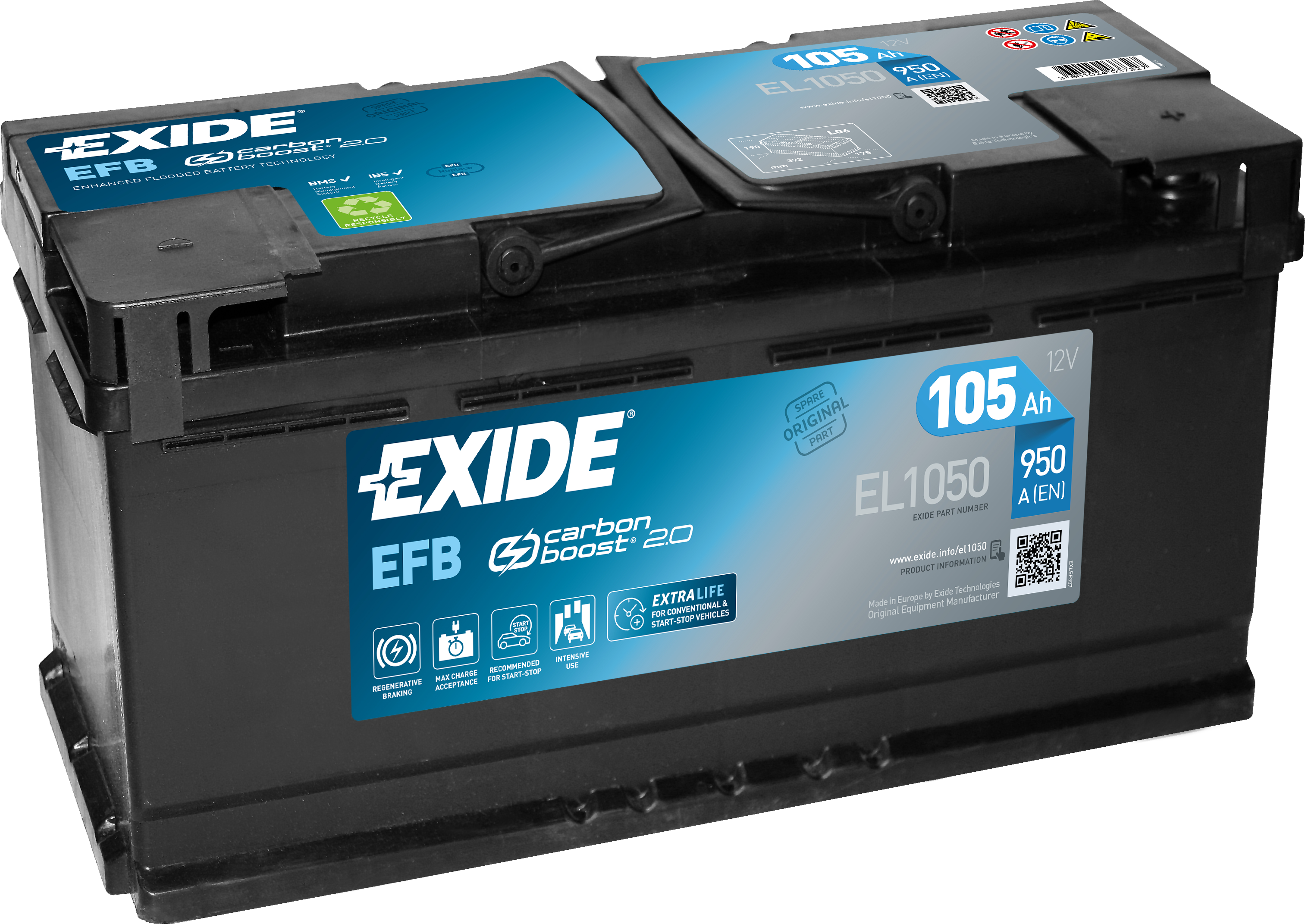 Exide EFB EL1050 Start-Stop 105 Ah - Bilbatteri / Startbatteri - Fiat - Audi - BMW - Peugeot - Citroen - VW - Porsche - Land-rover - OE 6000628791