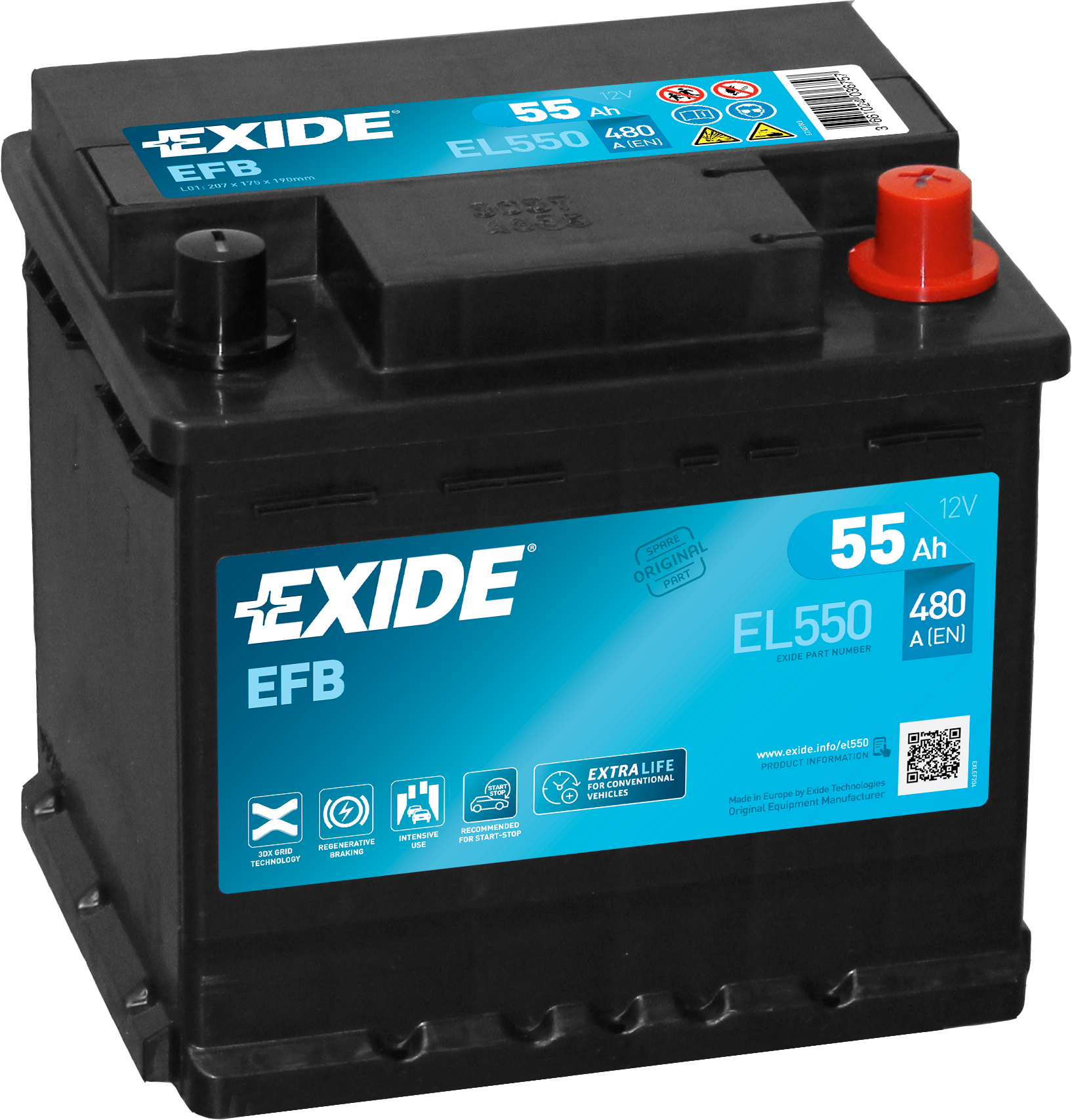 Exide EFB EL550 Start-Stop 55 Ah - Bilbatteri / Startbatteri - VW - Toyota - Renault - Skoda - Peugeot - Citroen - Hyundai - Kia