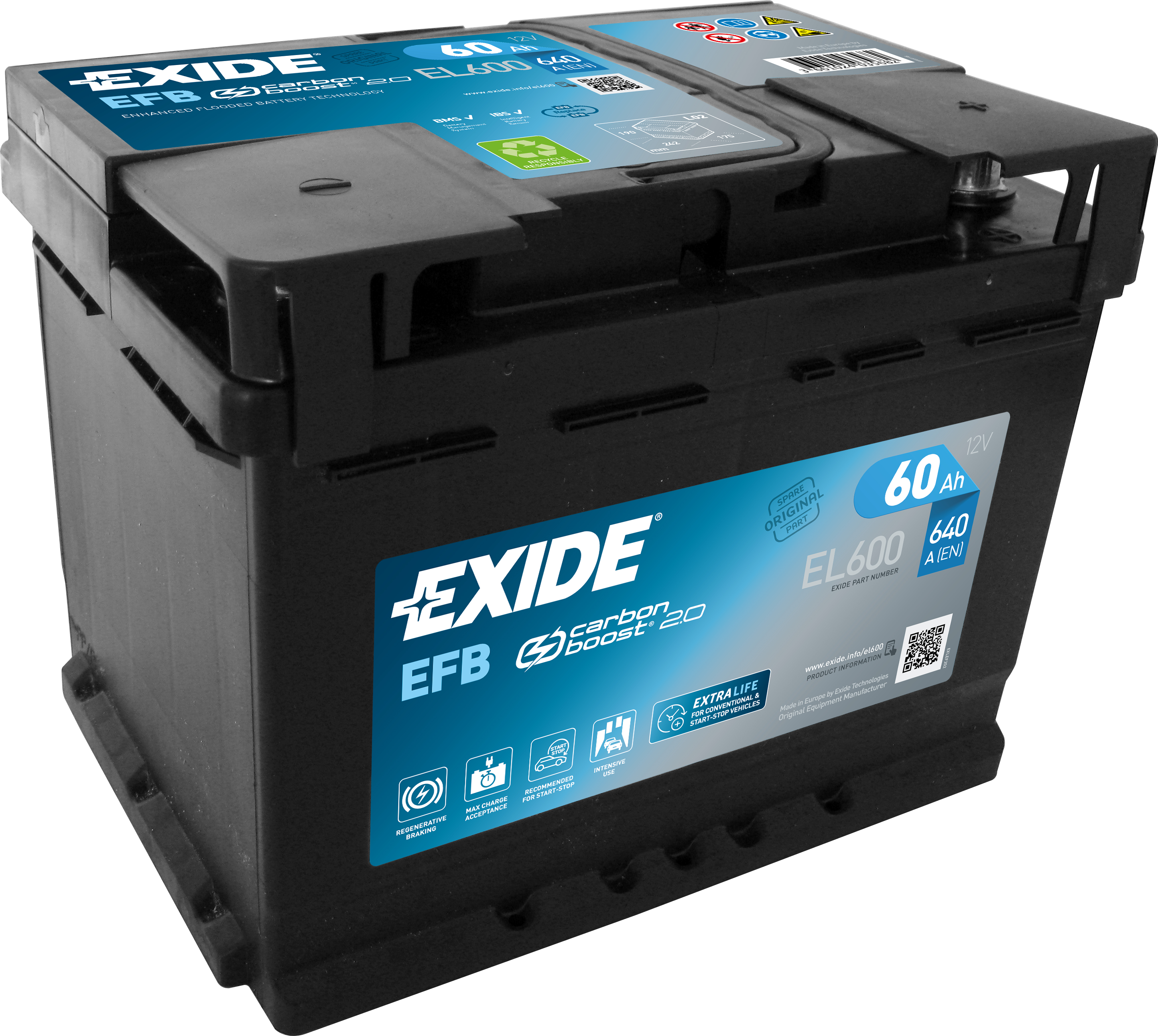 Exide EFB EL600 Start-Stop 60 Ah - Bilbatteri / Startbatteri - VW - Toyota - Skoda - Citroen - Peugeot - Opel - Renault - Kia