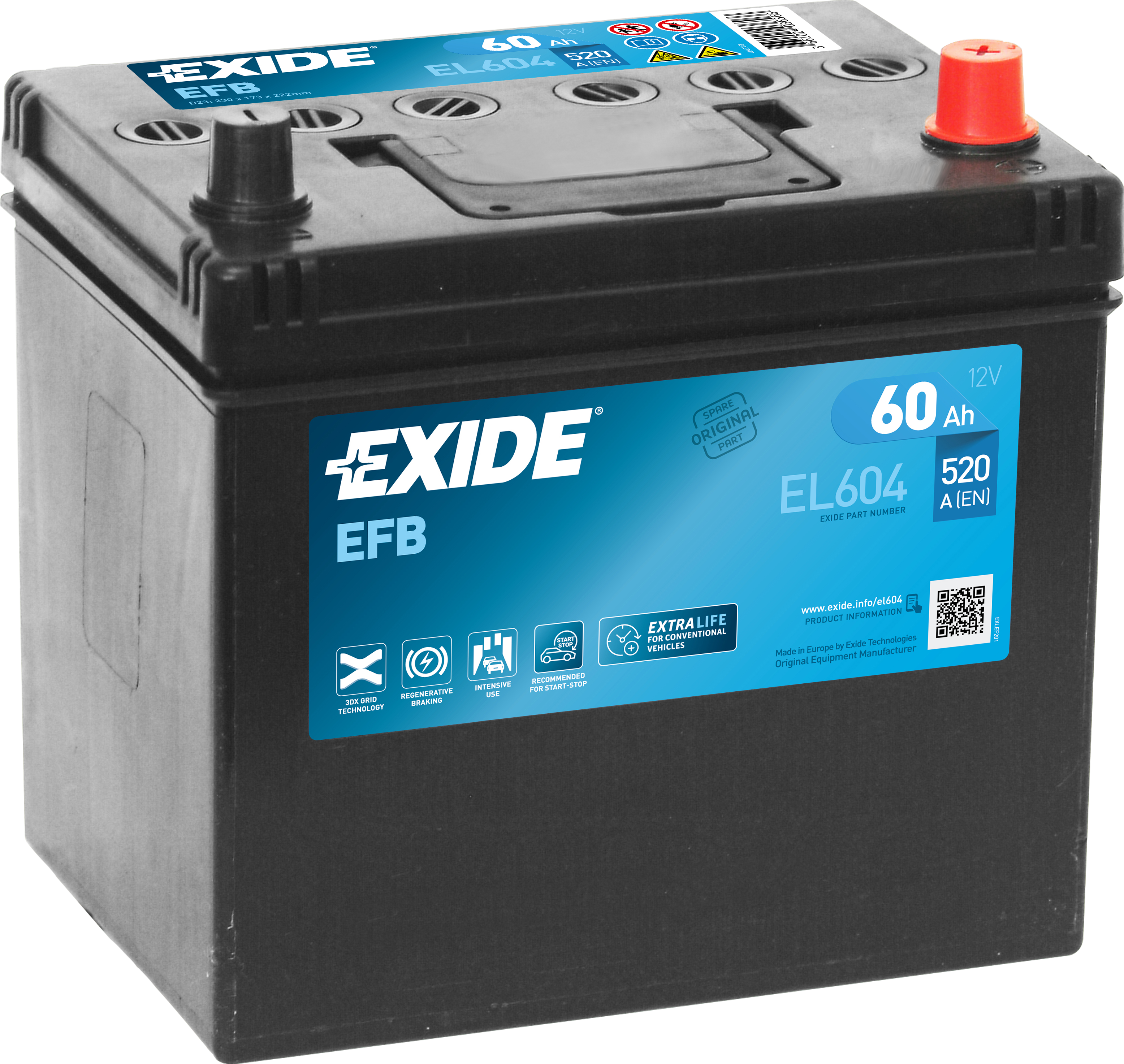 Exide EFB EL604 Start-Stop 60 Ah - Bilbatteri / Startbatteri - Toyota - Subaru - Mazda - Nissan - Mitsubishi - Renault - Infiniti