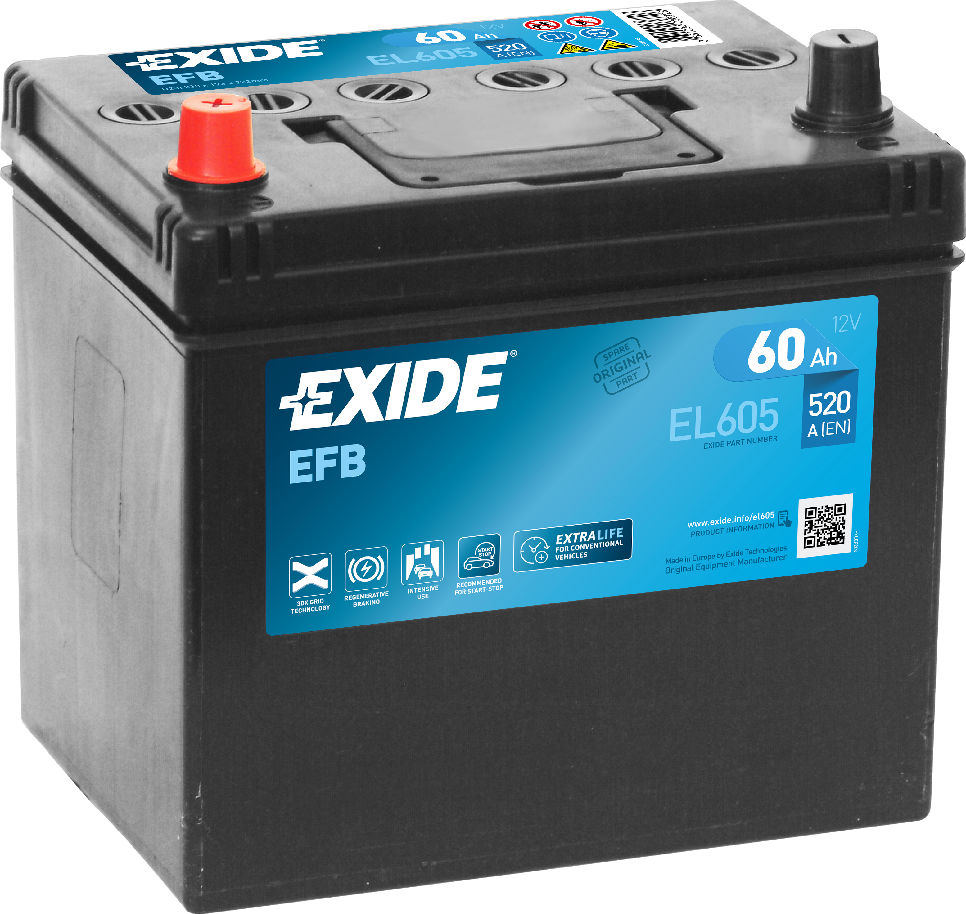 Exide EFB EL605 Start-Stop 60 Ah - Bilbatteri / Startbatteri - Toyota - Saab - Mitsubishi - Subaru - Kia - Nissan - Mazda - Honda