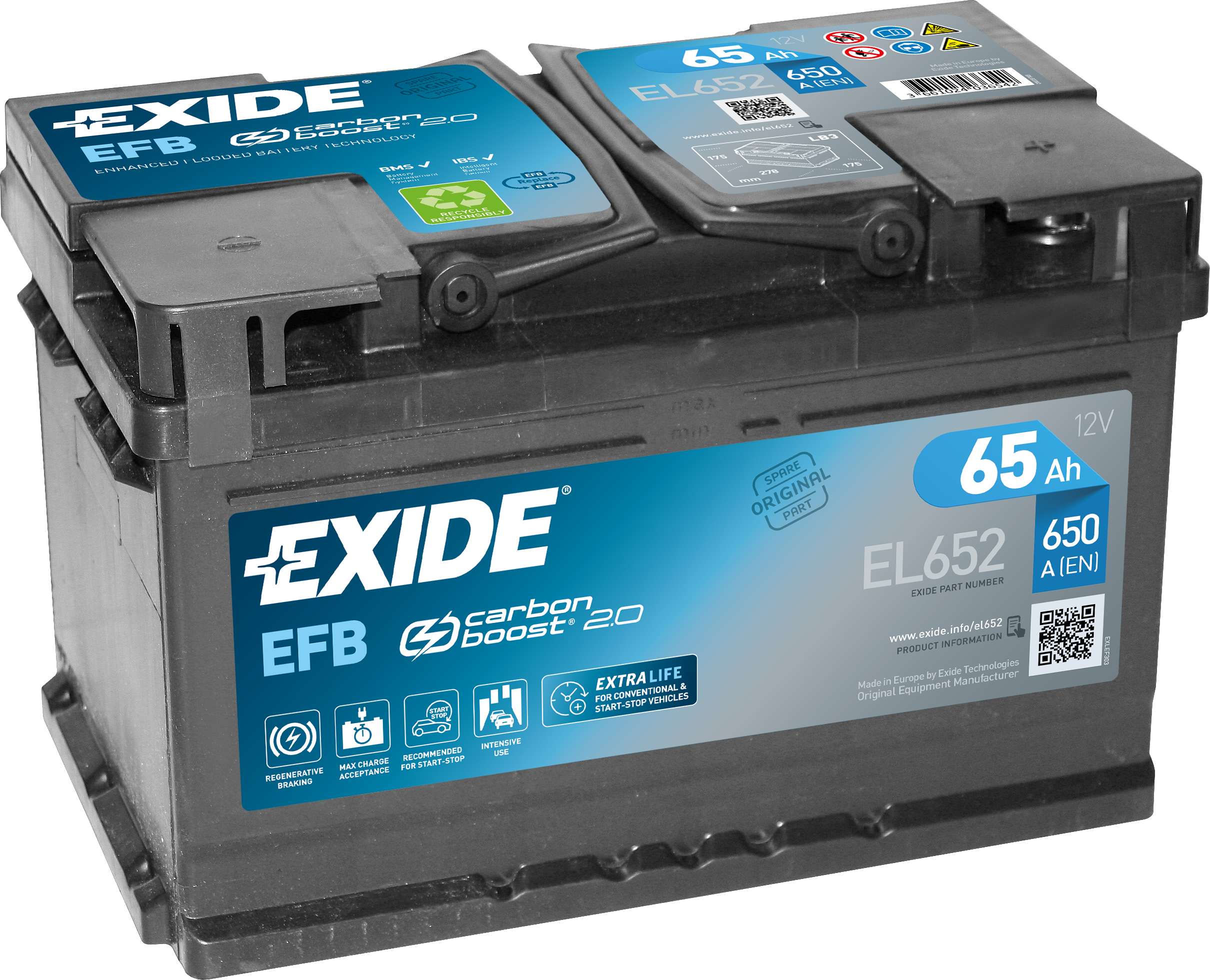 Exide EFB EL652 Start-Stop 65 Ah - Bilbatteri / Startbatteri - Ford - Renault - Opel - Mitsubishi - VW - Dodge - Ferrari