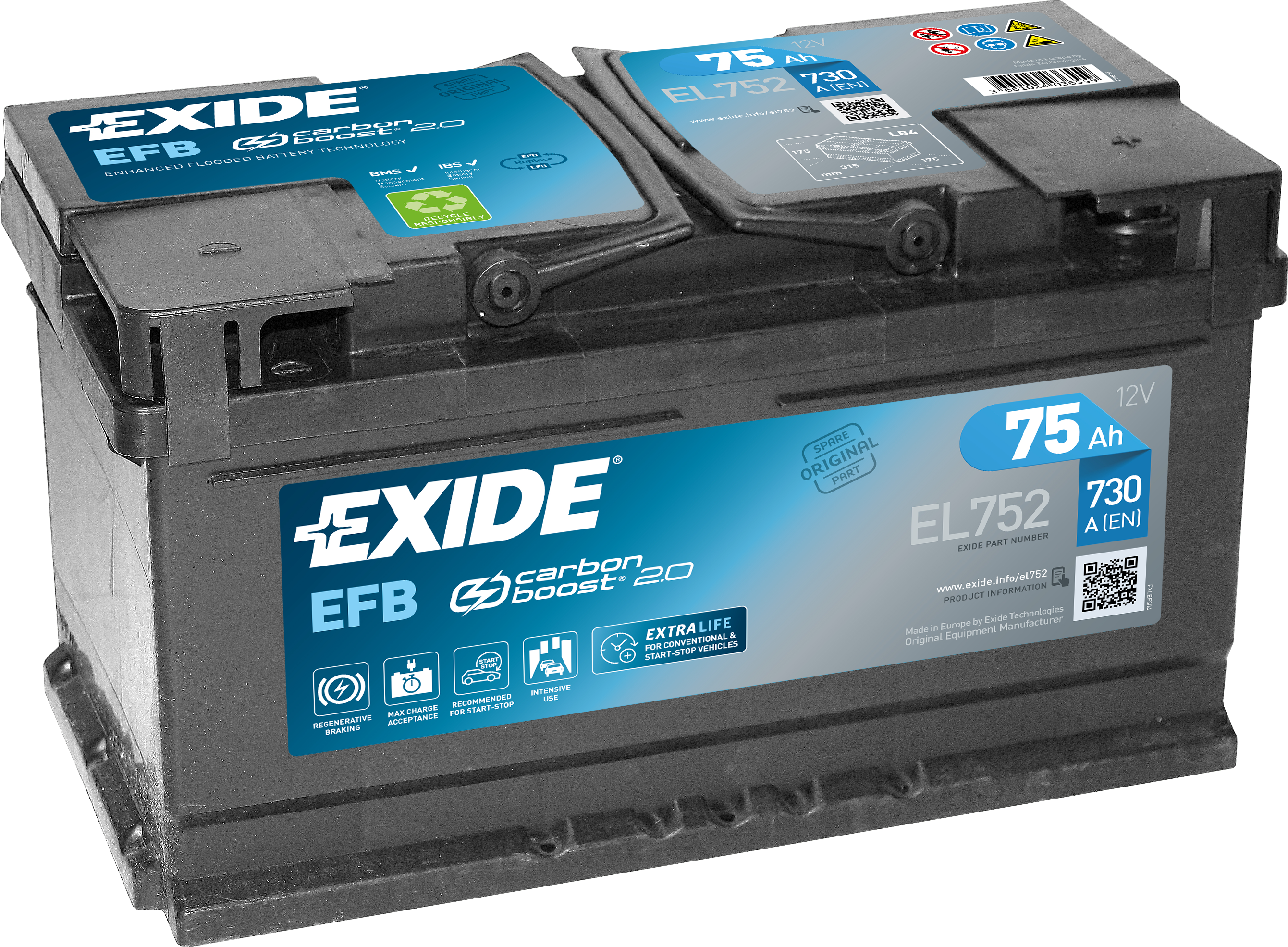 Exide EFB EL752 Start-Stop 75 Ah - Bilbatteri / Startbatteri - Ford - Saab - Volvo - Opel - Chevrolet - Jaguar - Peugeot - Porsche