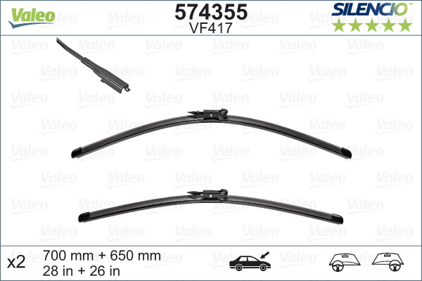 Torkarblad/Vindrutetorkare Valeo Silencio X-TRM VF417 Flatblade - 2-pa - Peugeot - 307. Mercedes - W639, Viano