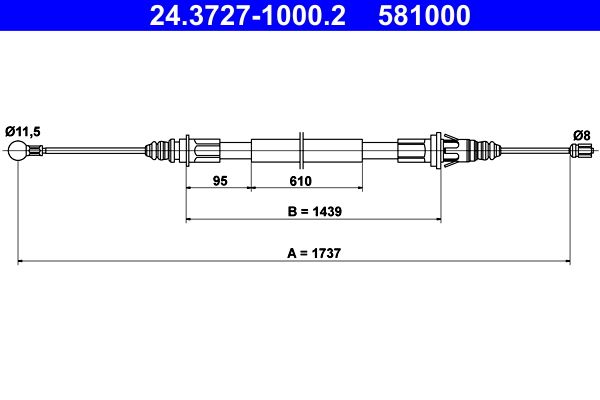 ATE Handbromsvajer 24.3727-1000.2 - Opel - Movano. Renault - Master. Vauxhall - Movano