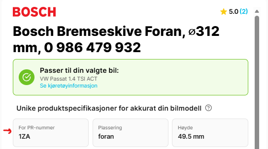 Eksempel: hvor PR-nummer vises p&aring; produktsiden